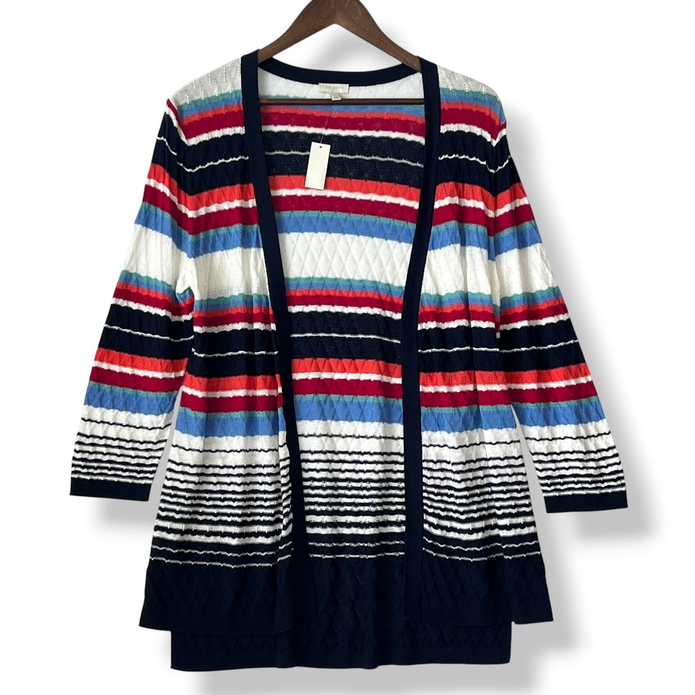 Talbots Cardigan L Cotton NWT Striped Open Front Preppy Coastal Grandma Chic